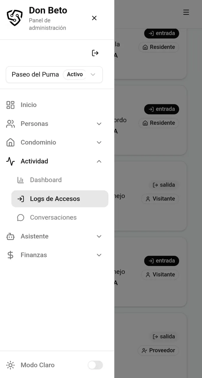 Menú del panel de administración