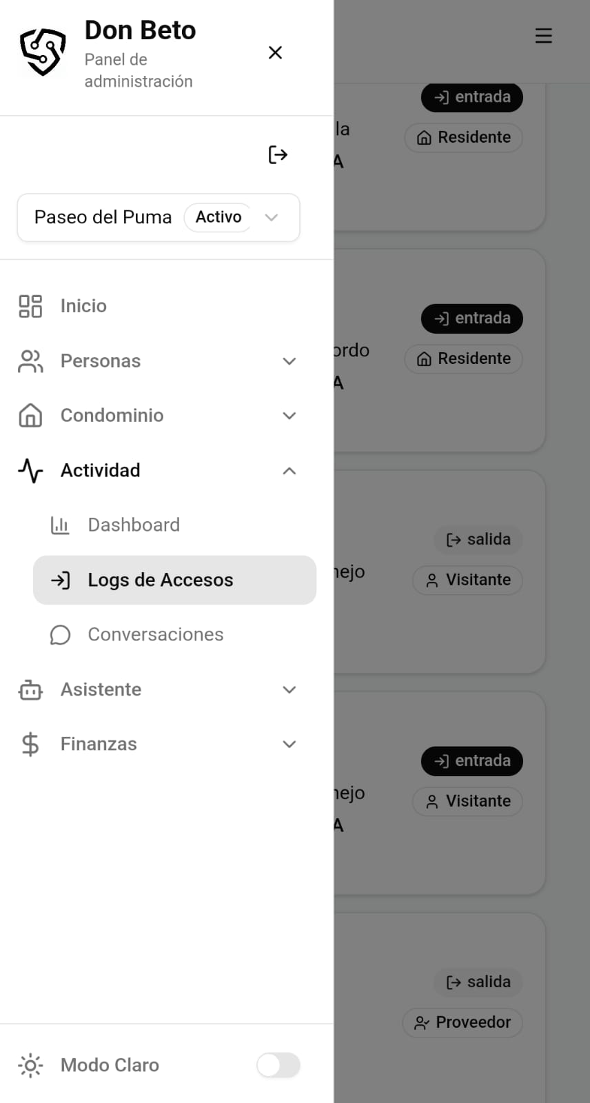 Menú del panel de administración